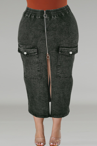 Casual Pocket Zipper Wrapped Skirt Front Slit Distressed Plus Size Denim Midi Skirt