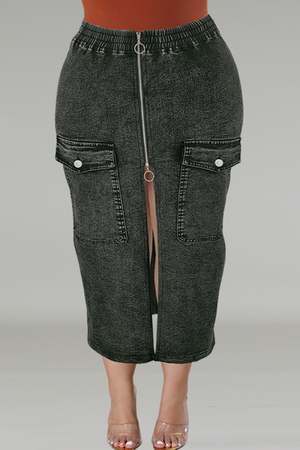 Casual Pocket Zipper Wrapped Skirt Front Slit Distressed Plus Size Denim Midi Skirt
