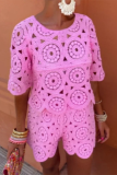 Flower Knitted O Neck Short Sleeve Blouse And Shorts Hollow Out Vacation Two Pieces Shorts Sets