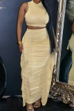 Half A Turtleneck Sleeveless Hollow Out Lace Up Ruched Tank Crop Tops And Fringe Trim Maxi Skirt Vacation Two Pieces Dress Sets