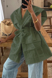 Casual Turn-back Collar Sleeveless Bandage Pocket Buttons Loose Fitting Linen Blouse