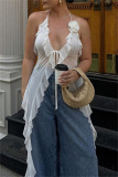 Flower Decor Sleeveless Backless Irregular Ruffle Trim Cut Out Lace Up Mesh Belted Vacation Halter Tops