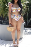Tropical Print Backless Square Neck Sleeveless Ruffle Trim Bra and Mini Shorts Bikini Sets Beach Cover Up Pants Vacation Three Piece Swimsuit Set