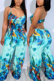 Tropical Colorblock Print Spaghetti Strap Cut Out Vacation Wide Leg Cami Jumpsuits
