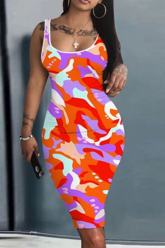 Casual Graphics Print U Neck Sleeveless Bodycon Midi Tank Dresses