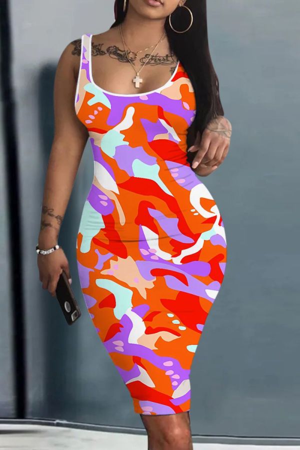 Casual Graphics Print U Neck Sleeveless Bodycon Midi Tank Dresses