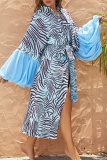 Casual Zebra Print Hubble Bubble Sleeve Belt Boho Longline Cardigan Cover Up Vacation Beach Swimwears