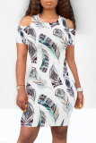 Casual Leaf Print O Neck Short Sleeve Cold Shoulder Vacation Bodycon Mini Dresses