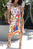 Tropical Print Backless Ruffle Trim One Piece Swimsuit Cover Up Side Slit Midi Skirt Beach Vacation Swimwears