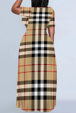 Casual Plaid Print O Neck Short Sleeve Floor Length Baggy Vacation Straight Maxi Dresses
