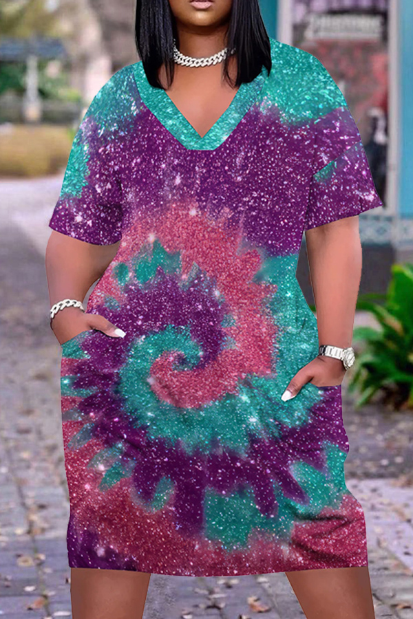 Casual Tie Dye V Neck Short Sleeves Pockect Loose Straight Plus Size T-shirt Midi Dresses