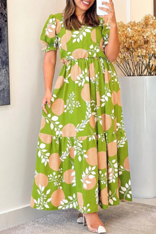 Floral Print Square Neck Hubble-Bubble Sleeve Ruffle Hem Vacation Long A Line Maxi Sundress