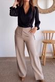 Fromal V Neck Long Sleeve Buttons Blouse And Pocket Straight Leg Pants Office Lady Two Pieces Trouser Sets