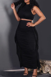 Half A Turtleneck Sleeveless Hollow Out Lace Up Ruched Tank Crop Tops And Fringe Trim Maxi Skirt Vacation Two Pieces Dress Sets