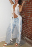 Flower Decor Sleeveless Backless Irregular Ruffle Trim Cut Out Lace Up Mesh Belted Vacation Halter Tops