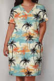 Tropical Print V Neck Short Sleeve Pockets Plus Size Striaght Loose T-shirt Midi Dresses