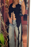 Flower Decor Sleeveless Backless Irregular Ruffle Trim Cut Out Lace Up Mesh Belted Vacation Halter Tops