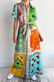 Boho Geometric Print Turndown Collar Short Sleeve Lace Up Ankle Length Loose Vacation A Line Shirt Dress