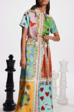 Boho Geometric Print Turndown Collar Short Sleeve Lace Up Ankle Length Loose Vacation A Line Shirt Dress