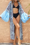 Casual Zebra Print Hubble Bubble Sleeve Belt Boho Longline Cardigan Cover Up Vacation Beach Swimwears