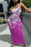 Sleeveless Casual Graphics Print Backless Spaghetti Strap Long Bodycon Maxi Slip Dress