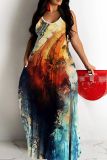 Graphics Print Backless Spaghetti Strap Floor Length Vacation Baggy Sundress Slip Maxi Dress