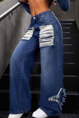 Casual Pocket Buttons Zipper Mid Waist Loose Distressed Wide Leg Ripped Denim Jeans