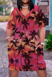 Tropical Print V Neck Short Sleeve Pockets Plus Size Striaght Loose T-shirt Midi Dresses