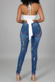 Street Ink Splash Print Pocket Buttons Zipper High Waist Distressed Skinny Ripped Denim Jeans