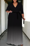 Gradient Print V Neck 3/4 Sleeve Lace Up With Belt Vacation Plus Size Pleated Maxi Dresses