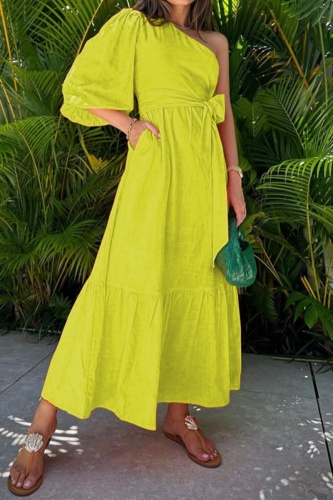 One Shoulder Oblique Collar Single Flare Sleeve Belted Vacation Long A Line Pleated Maxi Sundress