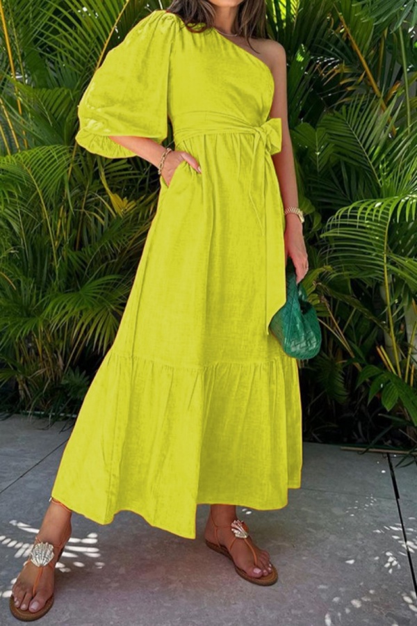 One Shoulder Oblique Collar Single Flare Sleeve Belted Vacation Long A Line Pleated Maxi Sundress