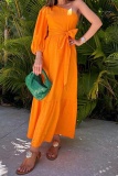 One Shoulder Oblique Collar Single Flare Sleeve Belted Vacation Long A Line Pleated Maxi Sundress