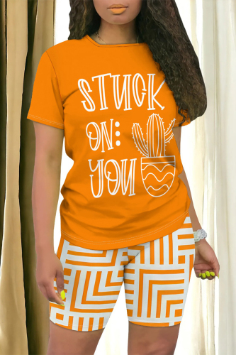 Letter Print O Neck Short Sleeve Oversize T-shirt And Geometric Print Shorts Two Pieces Shorts Sets