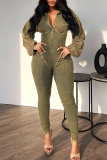Cotton threaded Deep V Neck Long Sleeve Distressed Skinny Jumpsuit