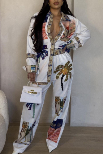 Casual Vintage Graphics Print Turndown Collar Short Sleeve Blouse And Wide Leg Pants Vacation Two Pieces Trouser Sets