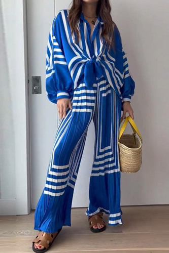Striped Print V Neck Long Sleeve Front Tie Blouse And Wide Leg Pants Vacation Two Pieces Trouser Sets