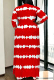 Striped Print V Neck Half Sleeve Lace Up Plus Size Loose Floor Length Vacation Maxi Dresses