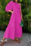 One Shoulder Oblique Collar Single Flare Sleeve Belted Vacation Long A Line Pleated Maxi Sundress