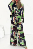 Casual Vintage Graphics Print Turndown Collar Short Sleeve Blouse And Wide Leg Pants Vacation Two Pieces Trouser Sets