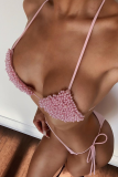 Pearl Decor Backless Sleeveless Bra And Mini Shorts Bikini Sets Beach Vacation Swimwears