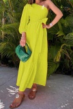 One Shoulder Oblique Collar Single Flare Sleeve Belted Vacation Long A Line Pleated Maxi Sundress