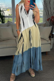 Colorblock Turndown Collar Sleeveless Pocket Ankle Length Loose Vacation A Line Linen Maxi Dress