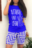 Letter Print O Neck Short Sleeve Oversize T-shirt And Geometric Print Shorts Two Pieces Shorts Sets