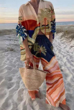 Casual Vintage Graphics Print Turndown Collar Short Sleeve Blouse And Wide Leg Pants Vacation Two Pieces Trouser Sets