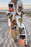 Casual Vintage Graphics Print Turndown Collar Short Sleeve Blouse And Wide Leg Pants Vacation Two Pieces Trouser Sets