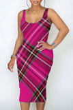 Casual Plaid Print U Neck Sleeveless Bodycon Midi Tank Dresses