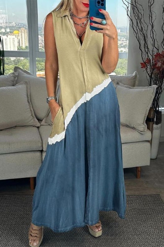 Colorblock Turndown Collar Sleeveless Pocket Ankle Length Loose Vacation A Line Linen Maxi Dress