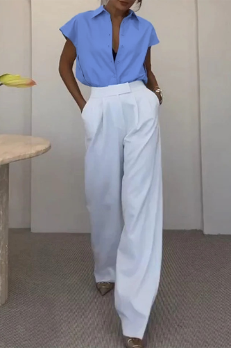 Turndown Collar Short Sleeve Buttons Blouse And Wide Leg Pants Vacation Office Lady Two Pieces Trouser Sets