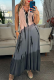 Colorblock Turndown Collar Sleeveless Pocket Ankle Length Loose Vacation A Line Linen Maxi Dress